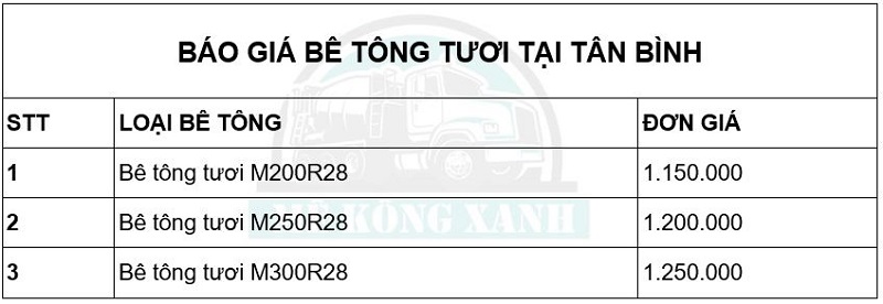 Bảng báo giá bê tông tươi tại quận Tân Bình giá rẻ